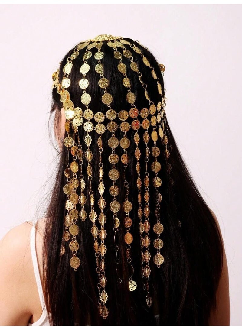 زينة يوم التاسيس سلسلة راس ذهبية بتصميم عملات متدلية – اكسسوار شعر فاخر للحفلات والمناسبات - Image 3